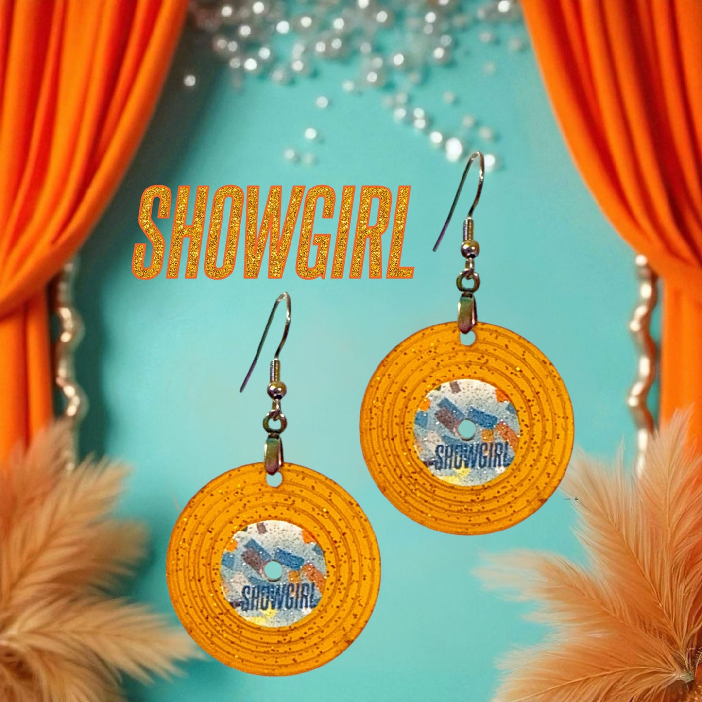 Showgirl Earrings Album Vinyl Record Orange Glitter