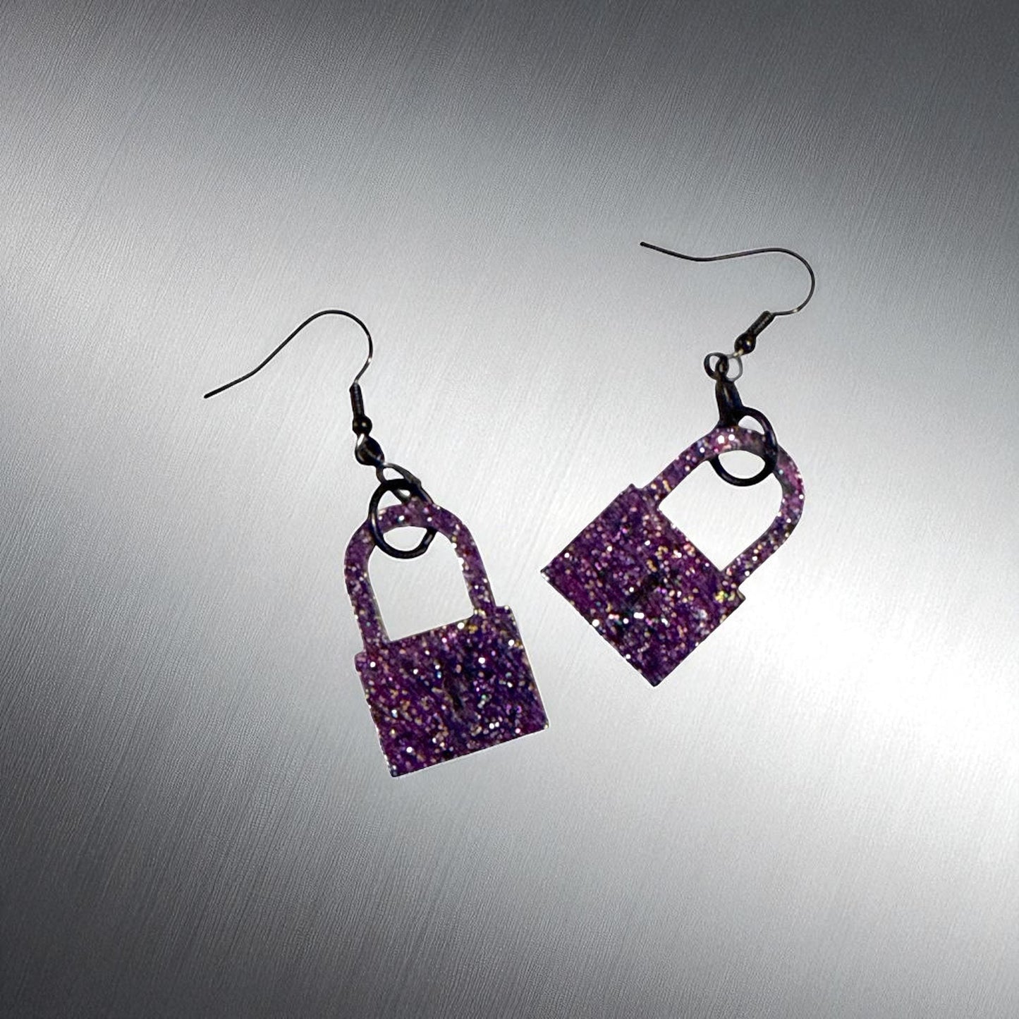 Purple Padlock Lock Showgirl Earrings ** Glitter Earrings