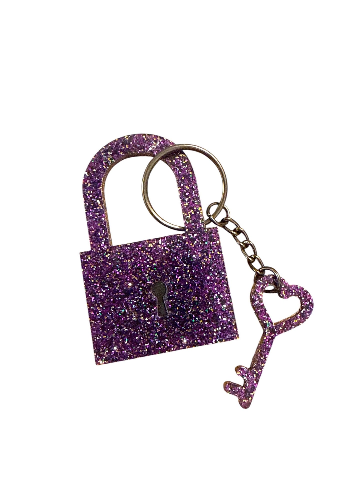 Purple Padlock Lock and Key Showgirl Keychain * Glitter Acrylic