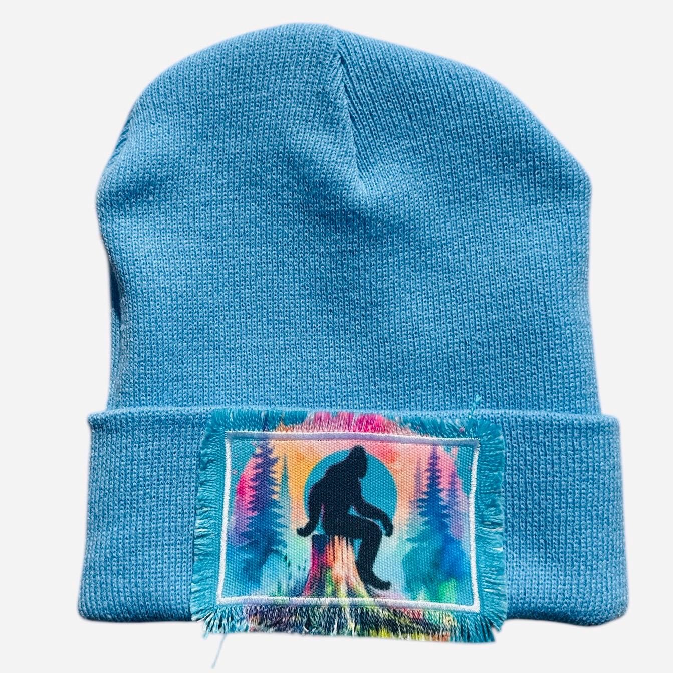 Bigfoot Sasquatch Forest Watercolor Patch Beanie Blues