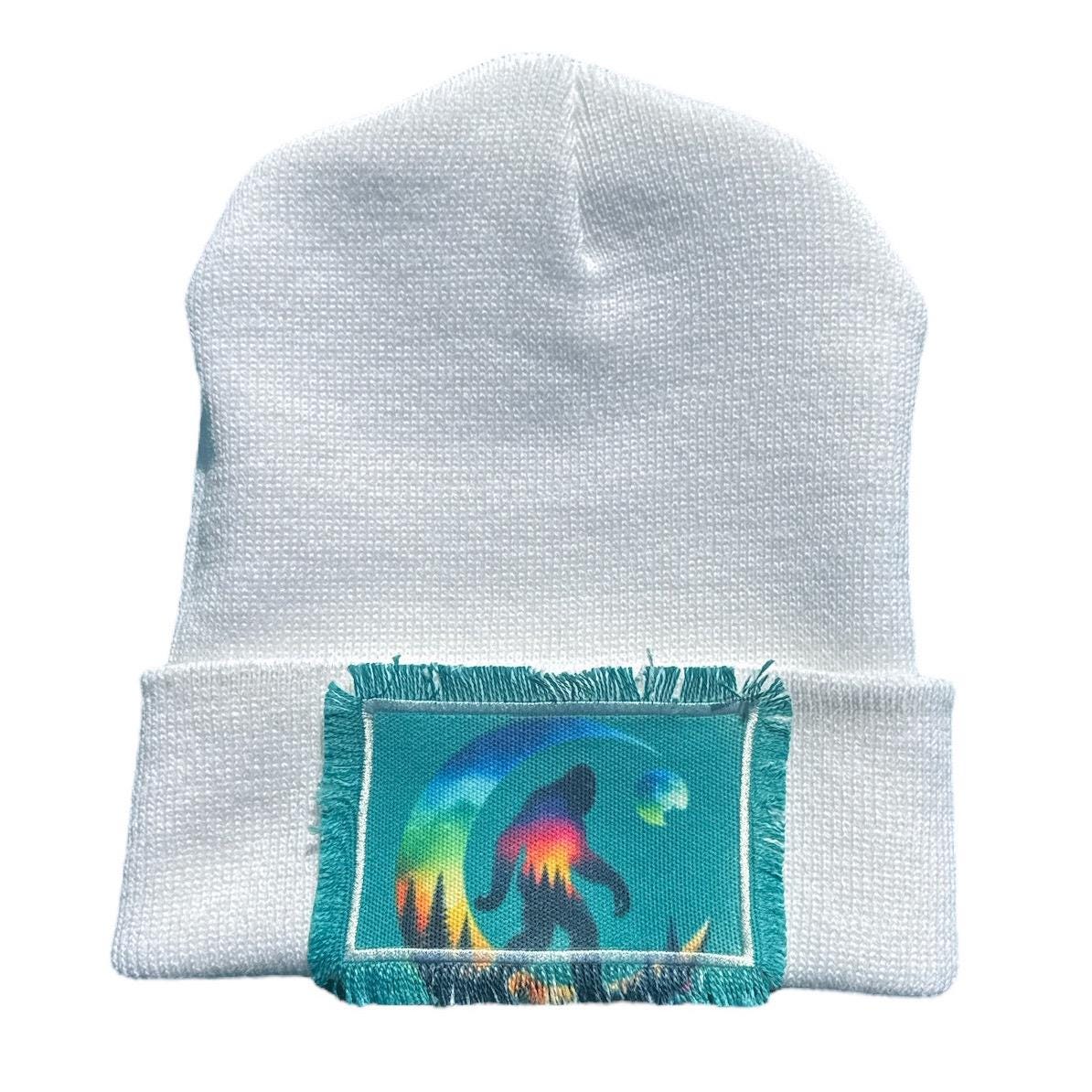 Bigfoot Sasquatch Forest Watercolor Patch Beanie Pinks Purple