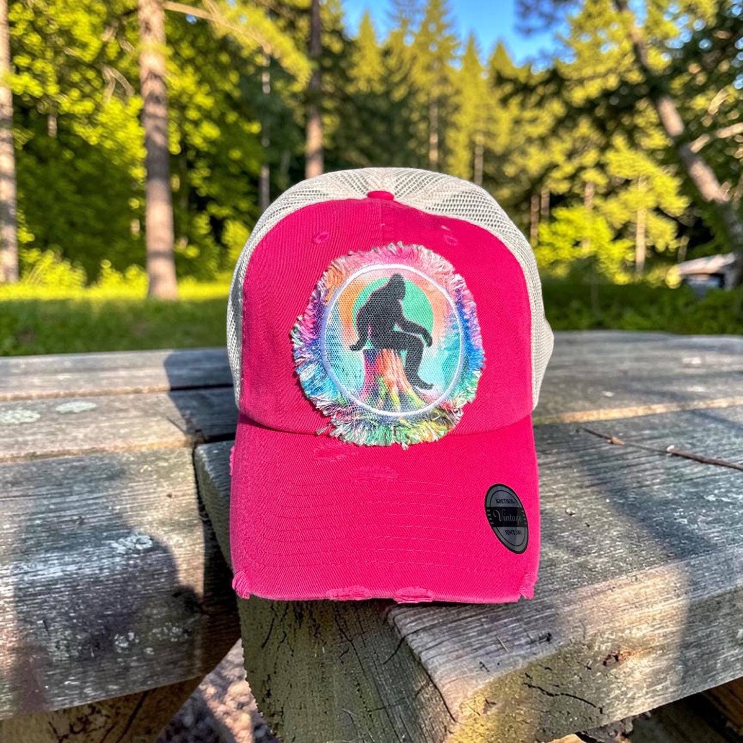 Pink Bigfoot Trucker Hat: Funny Camping Sasquatch Cap Watercolor