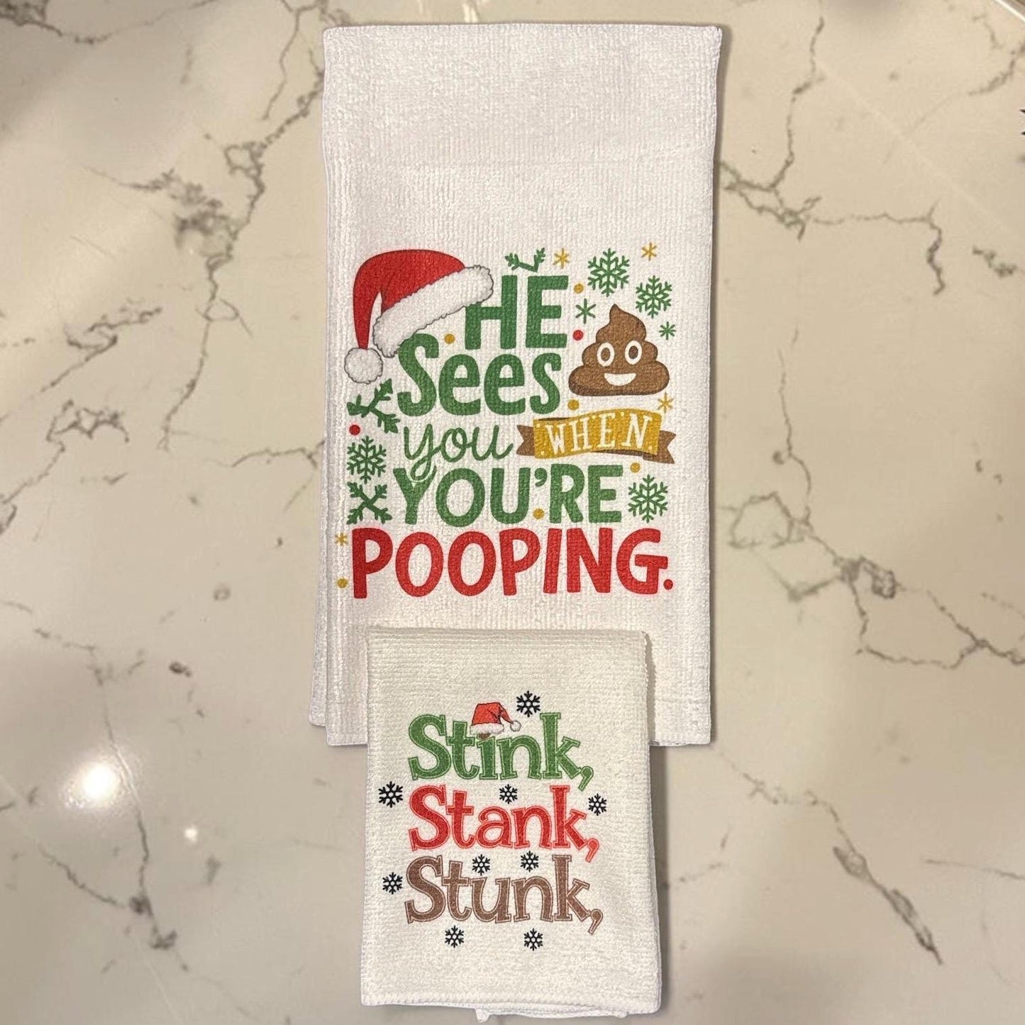 Bathroom Christmas Towel Set Washcloth Small Funny Poop Santa Stink Pooping