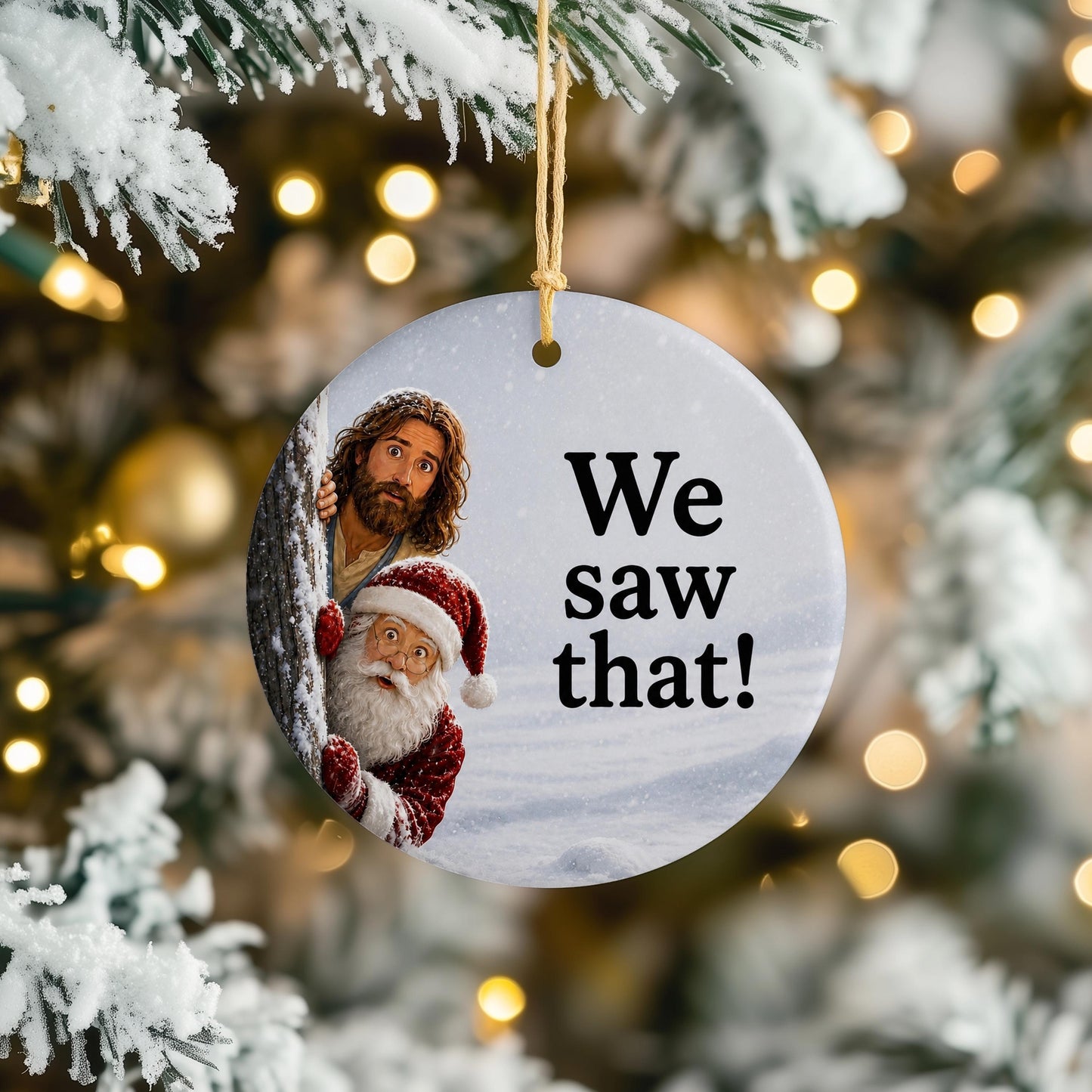 Funny Santa Jesus We saw that! Christmas Ornament Prank Joke White Elephant Gift Peeking Jesus Santa