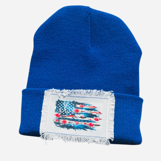 Fishng Lure American Flag Beanie Blue