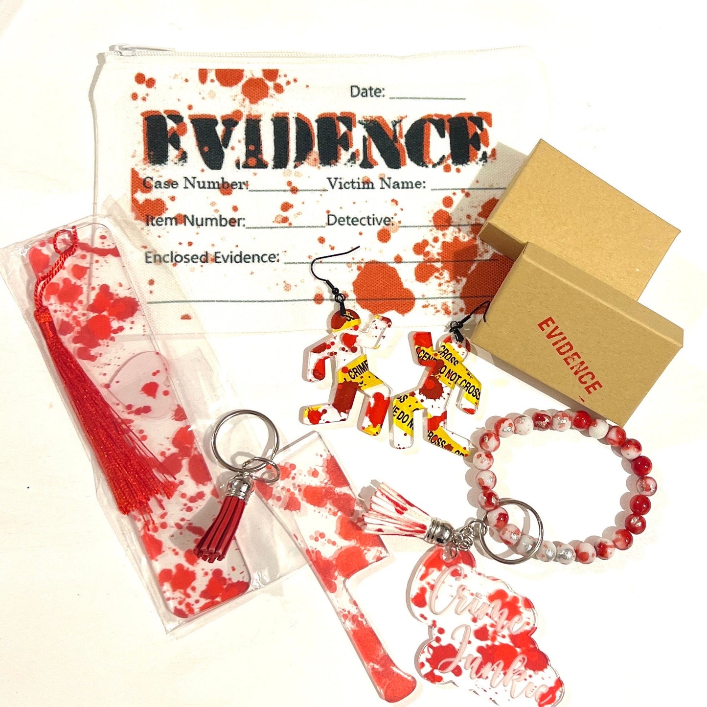 True Crime Gift Bags Filled with Amazing Goodies! Crime Party, Who Done it, Murder Mystery Party Gifts, Dexter Watch Party