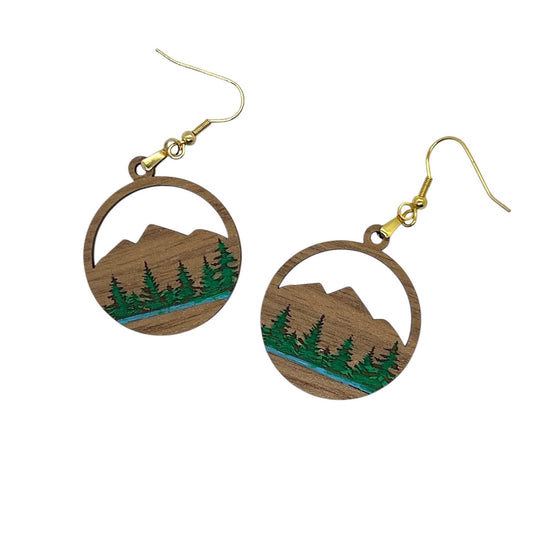 Walnut Wood River Lake Mountain Earrings