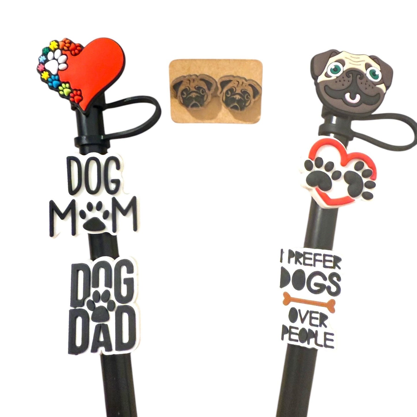 Pug Gift Set: Laser Cut Earrings & Straw Toppers