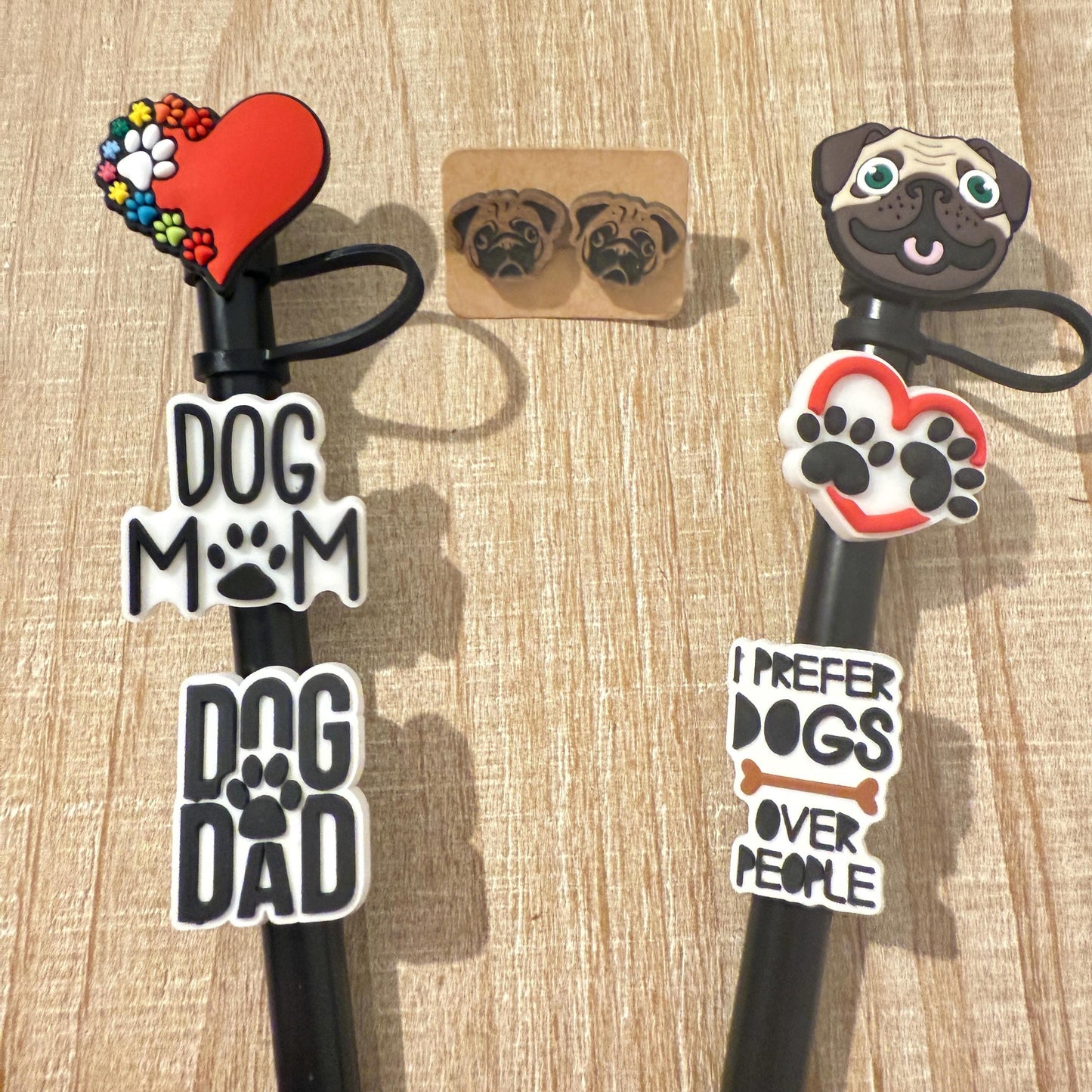 Pug Gift Set: Laser Cut Earrings & Straw Toppers