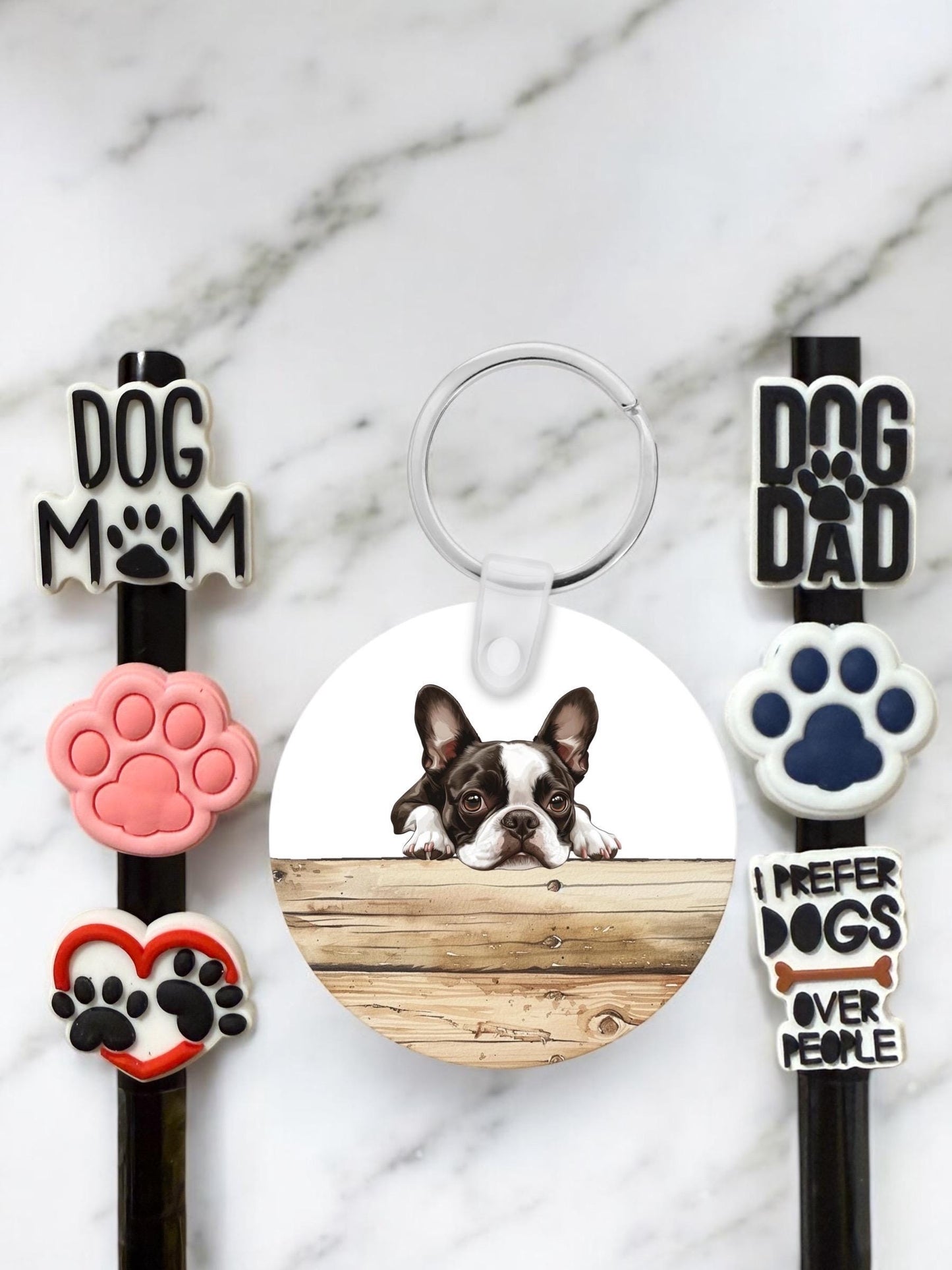 Boston Terrier Gift Set: Aluminum Keychain & Straw Toppers