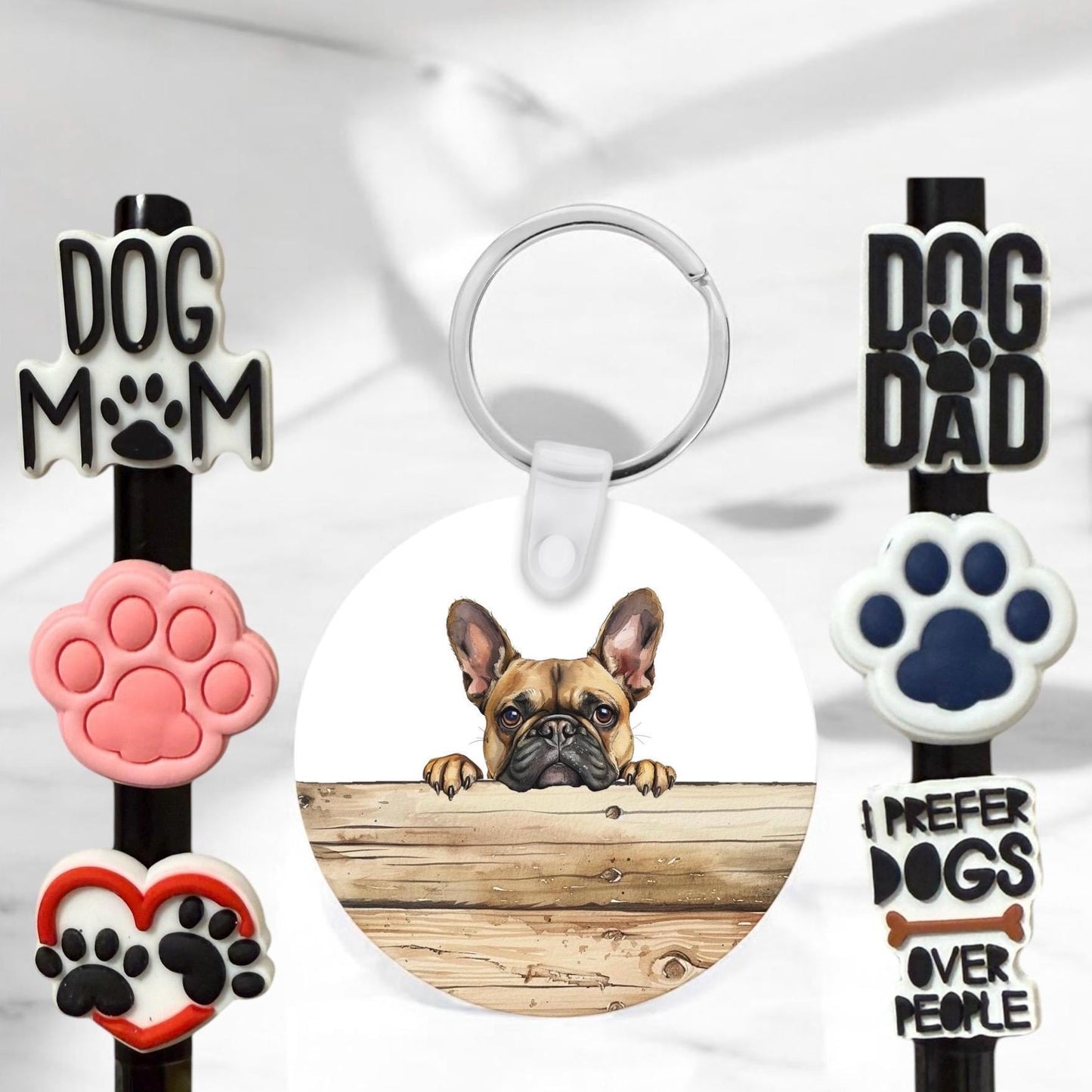 French Bulldog Gift Set: Aluminum Keychain & Straw Toppers