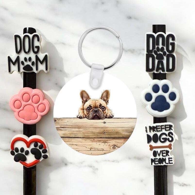 French Bulldog Gift Set: Aluminum Keychain & Straw Toppers