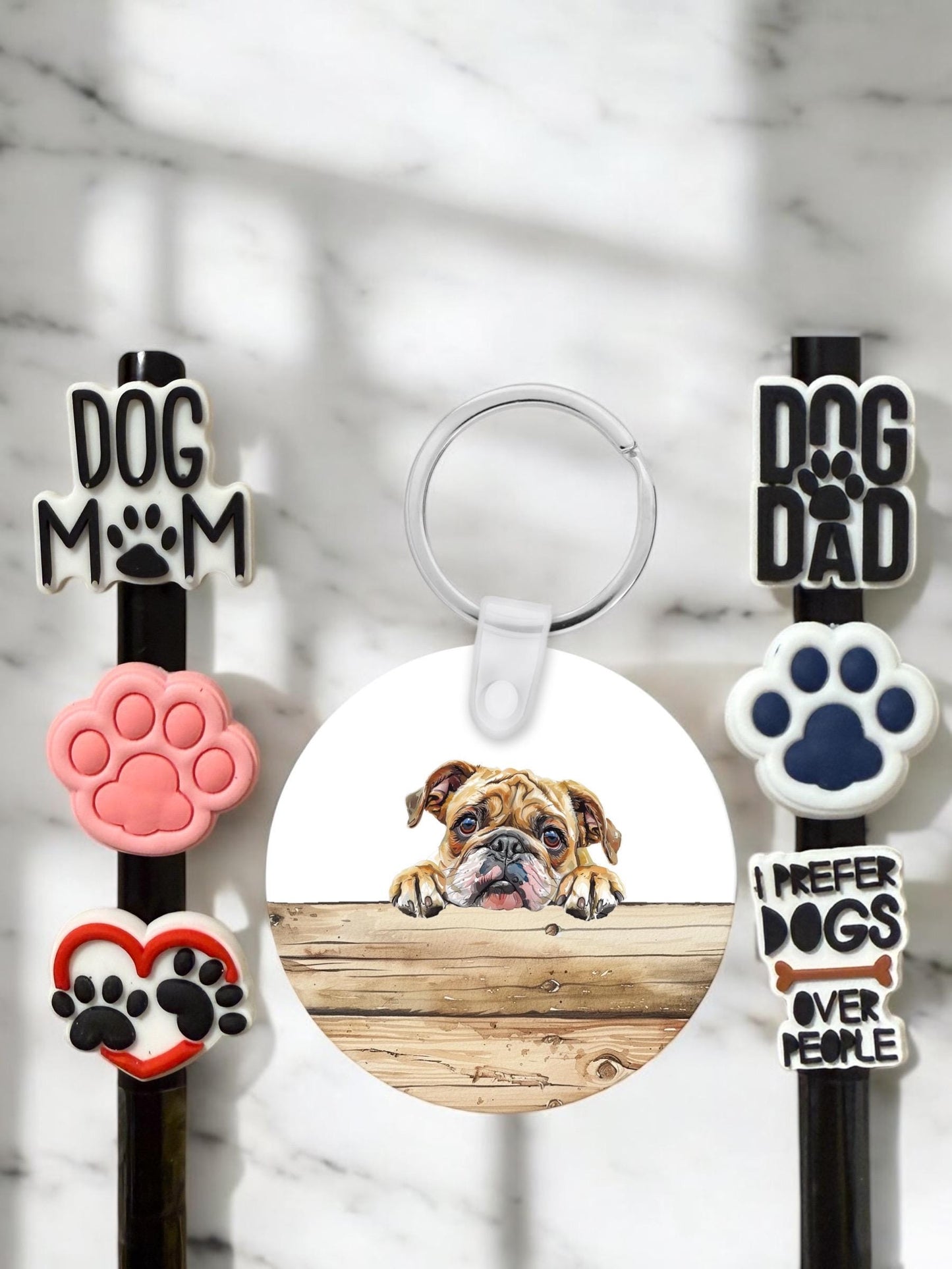 Bulldog Gift Set: Aluminum Keychain & Straw Toppers