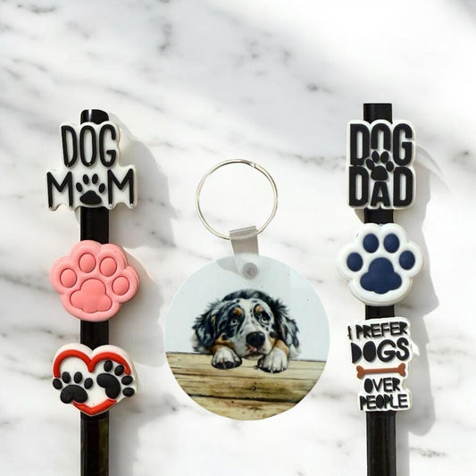 Aussie Gift Set: Australian Shepherd Keychain & Straw Toppers