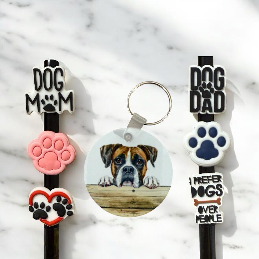Boxer Dog Gift Set: Aluminum Keychain & Straw Toppers
