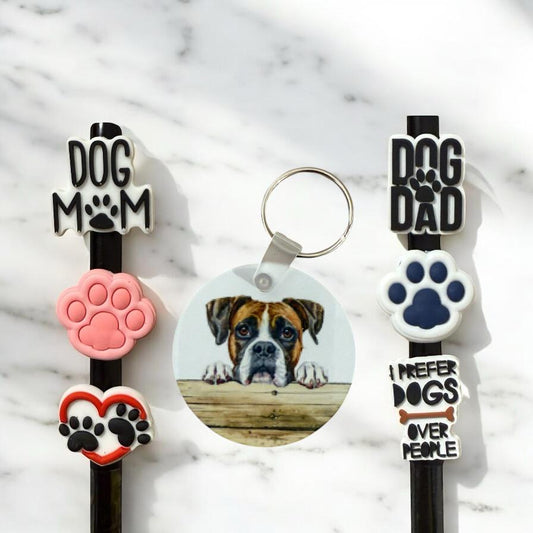 Boxer Dog Gift Set: Aluminum Keychain & Straw Toppers
