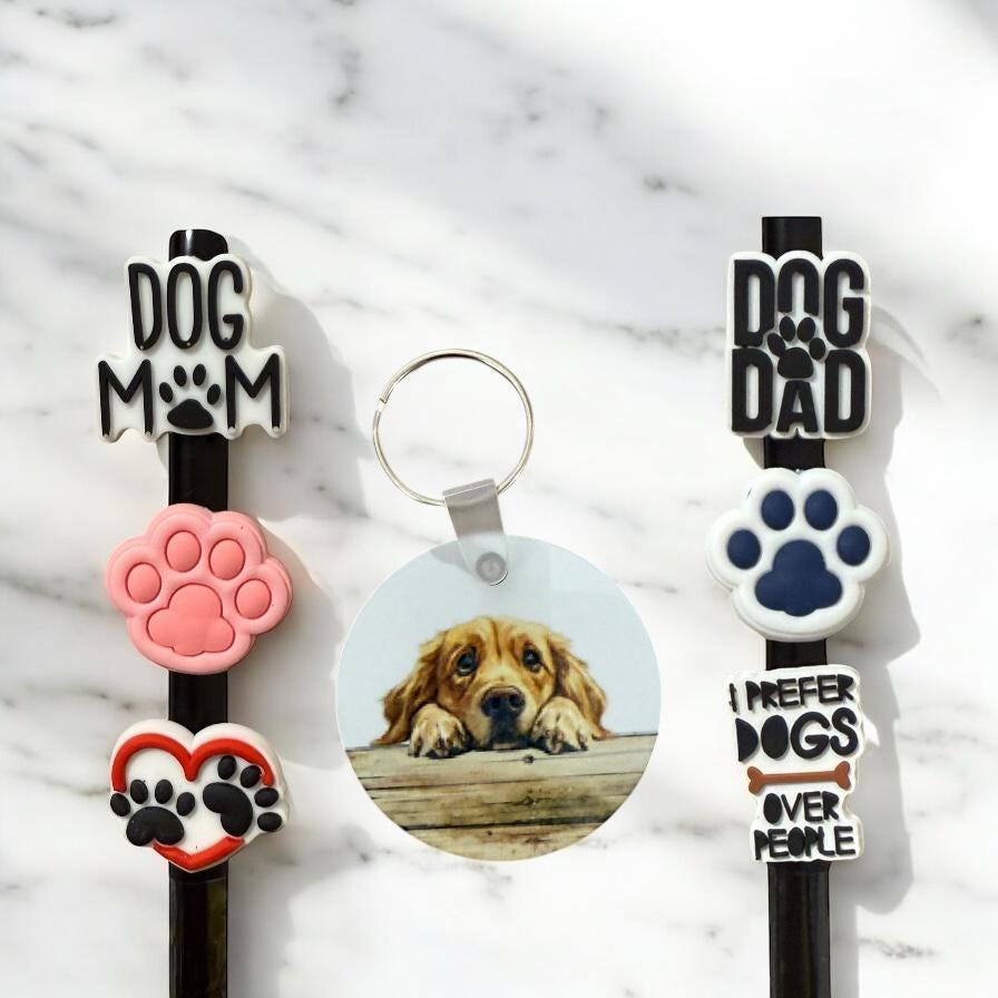 Golden Retriever Gift Set: Aluminum Keychain & Straw Toppers