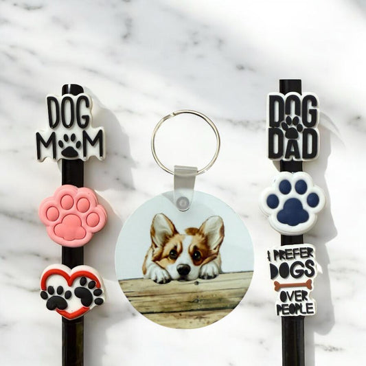 Corgi Gift Set: Aluminum Keychain & Straw Toppers