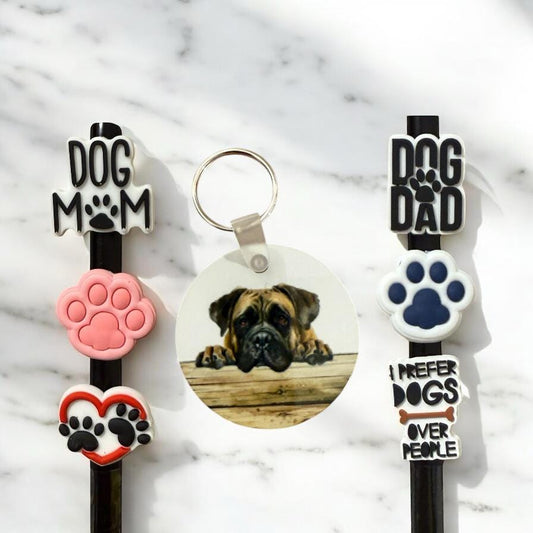 English Mastiff Gift Set: Aluminum Keychain & Straw Toppers