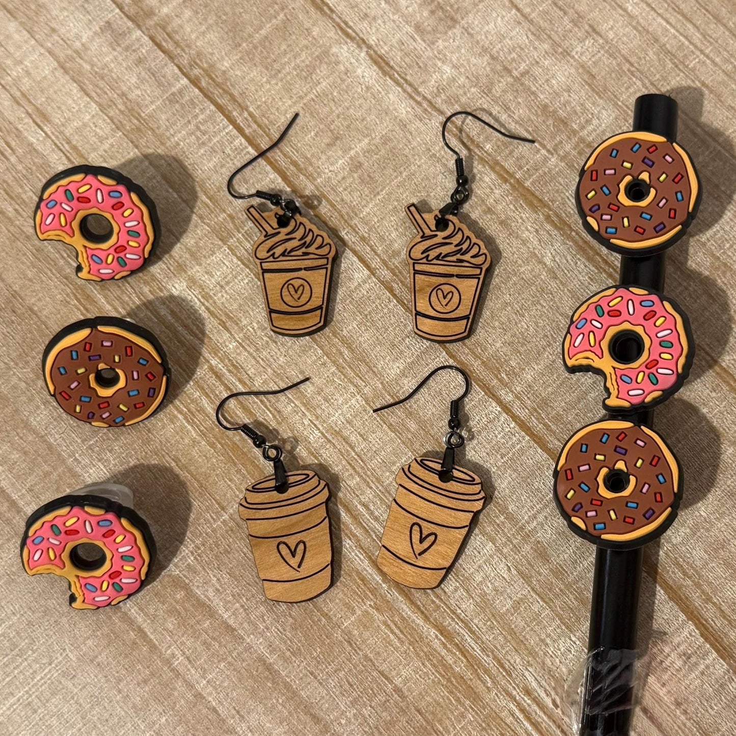 Coffee & Donut Earrings with Donut Tumbler Straw Sliders - Gift Set