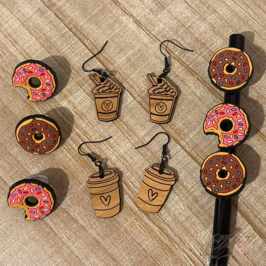 Coffee & Donut Earrings with Donut Tumbler Straw Sliders - Gift Set
