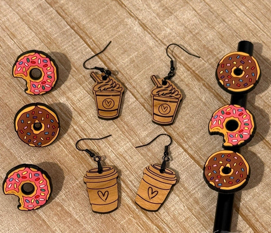 Coffee Dounts Earrings Straw Toppers Pack of 7 (1 random earring of 2, 6 straw toppers)
