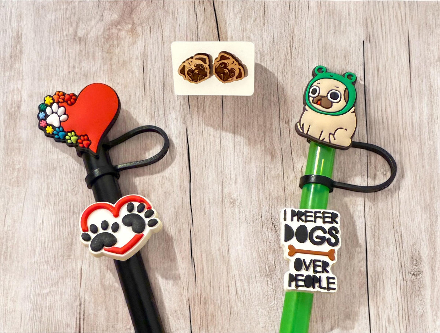 Handmade Pug Gift Set: Laser Cut Earrings & Straw Toppers