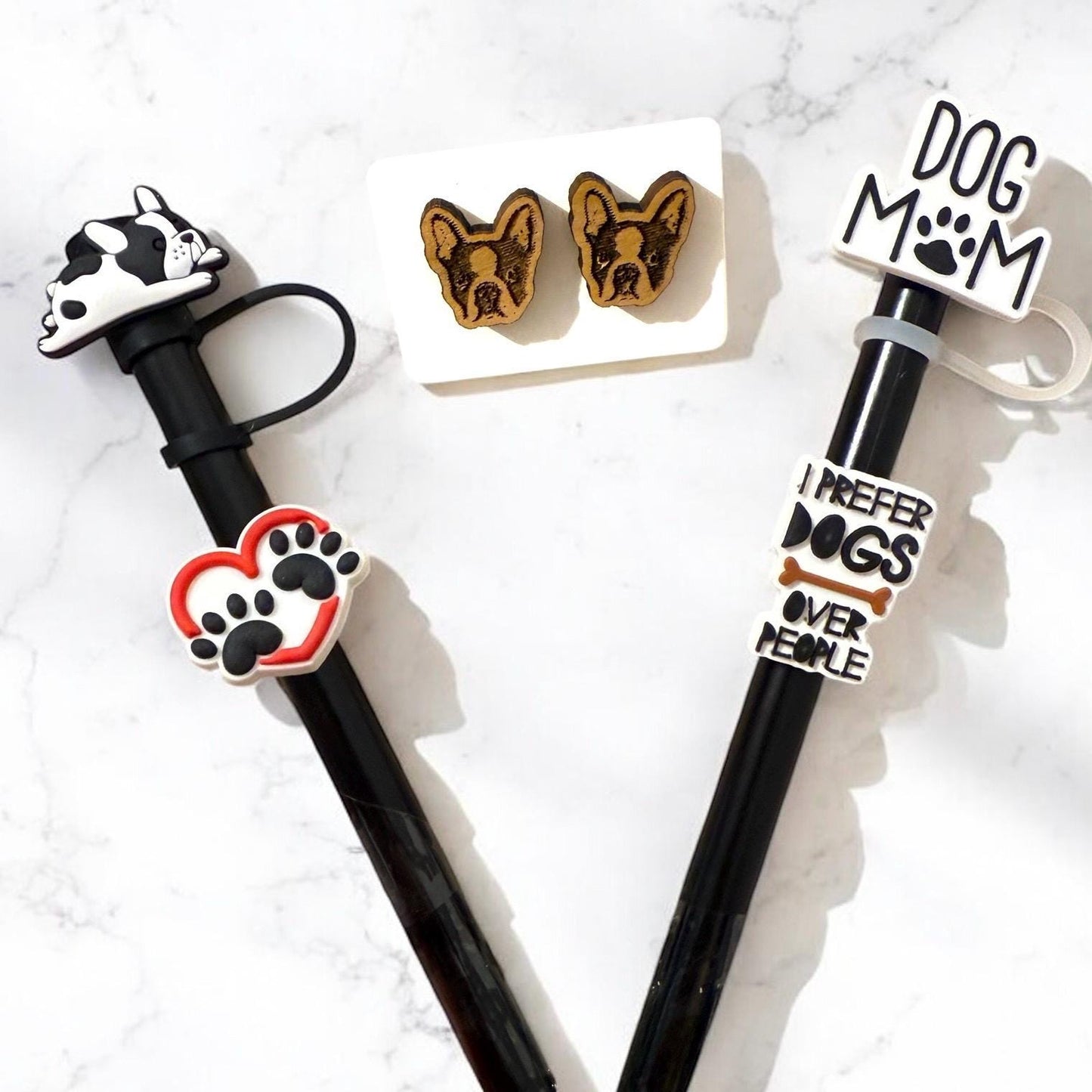 Boston Terrier Earrings & Straw Toppers Gift Set - Dog Mom Gift