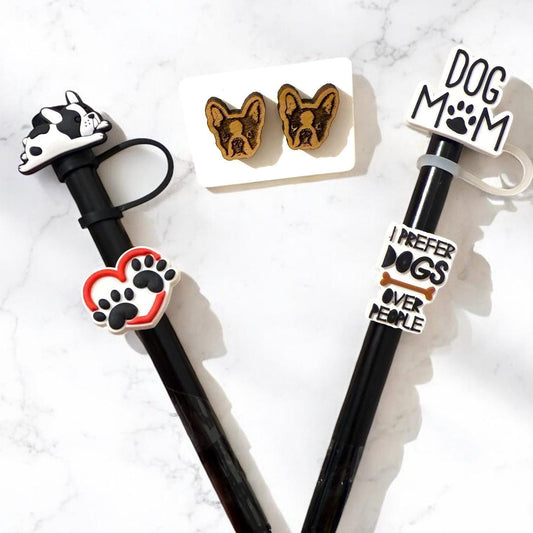 Boston Terrier Earrings & Straw Toppers Gift Set - Dog Mom Gift