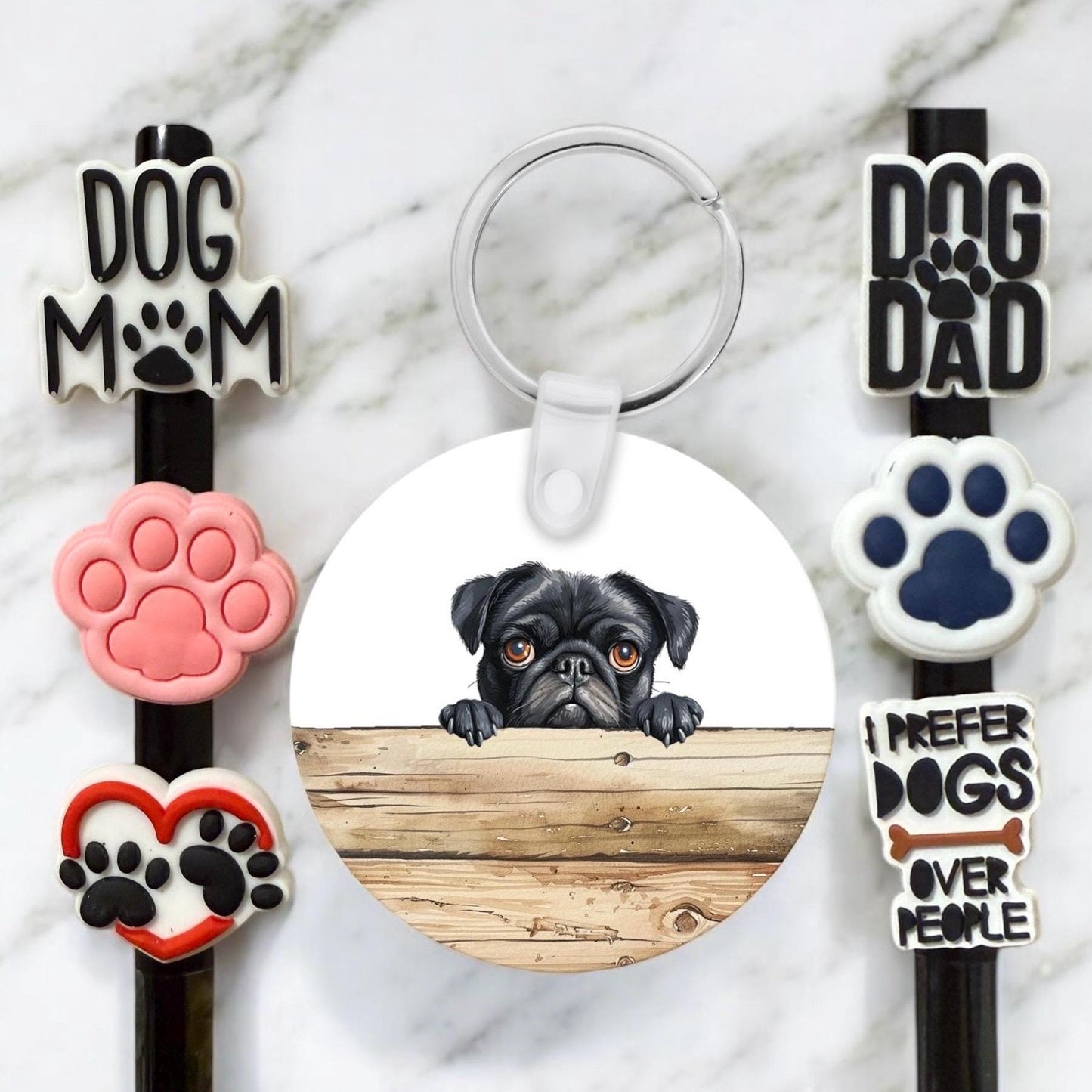 Pug Gift Set: Aluminum Keychain & Straw Toppers