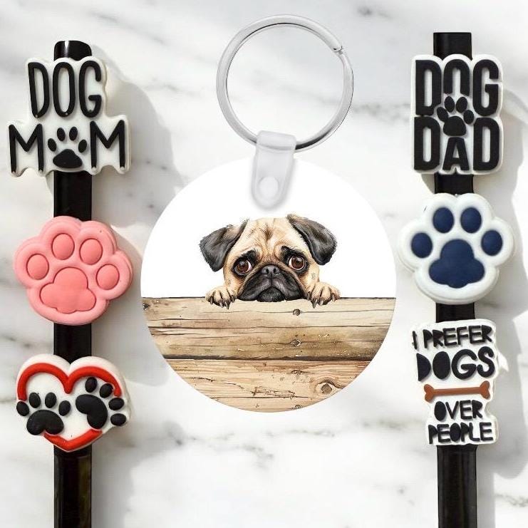 Pug Gift Set: Aluminum Keychain & Straw Toppers