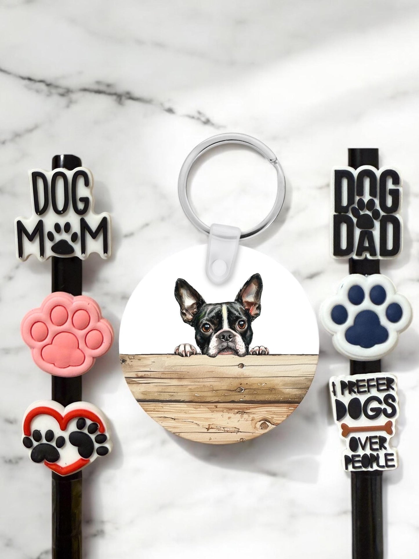 Boston Terrier Gift Set: Aluminum Keychain & Straw Toppers