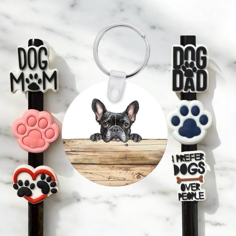 French Bulldog Gift Set: Aluminum Keychain & Straw Toppers