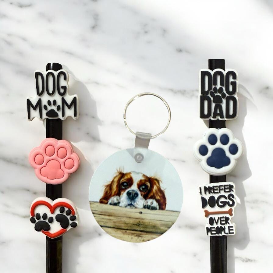 King Charles Spaniel Gift Set: Aluminum Keychain & Straw Toppers