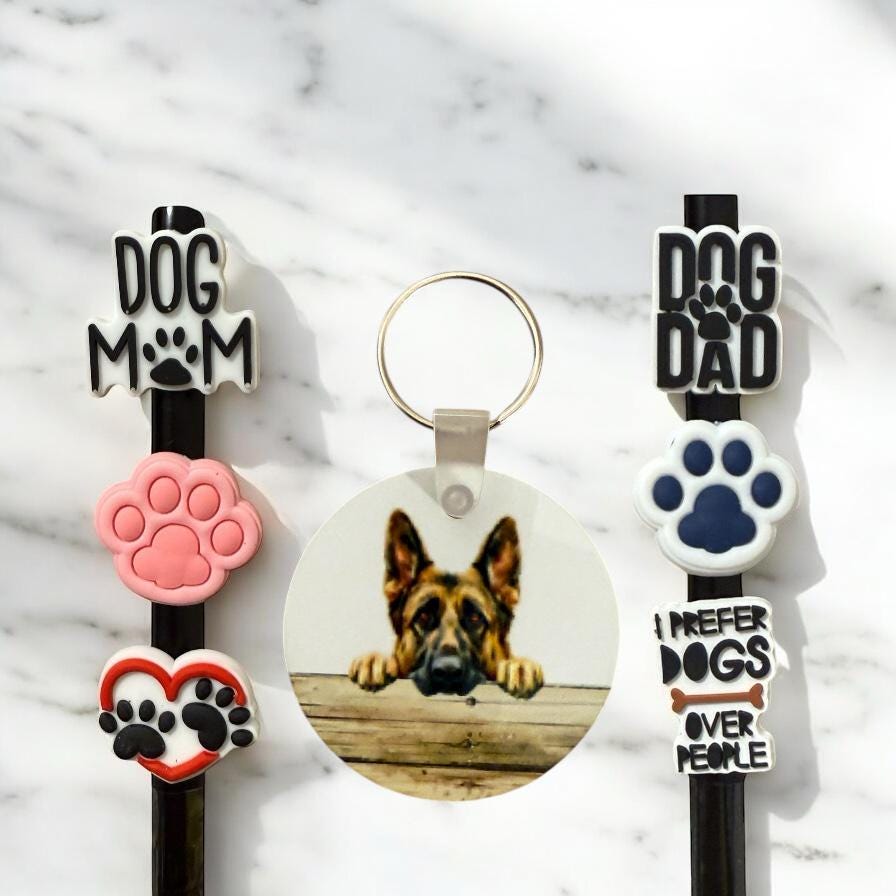 German Shepherd Gift Set: Aluminum Keychain & Straw Toppers