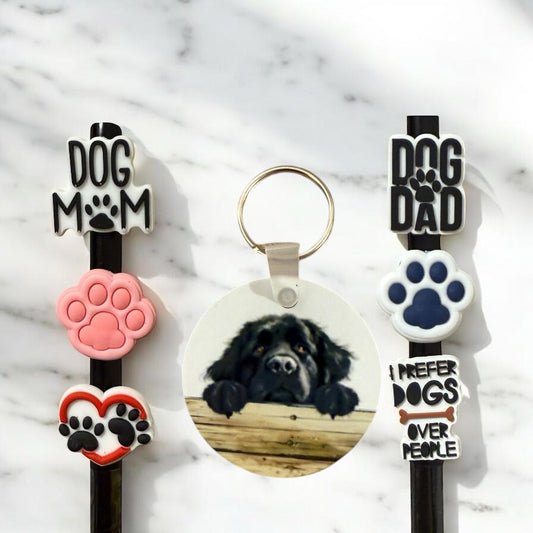 Newfoundland Dog Gift Set: Aluminum Keychain & Straw Toppers