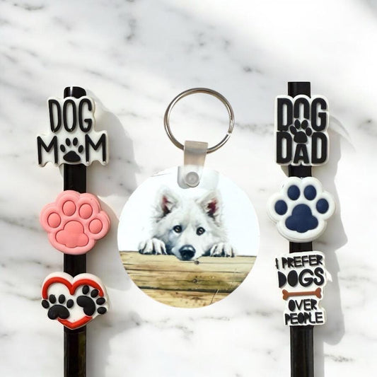 American Eskimo Gift Set: Keychain & Straw Toppers - Dog Mom/Dad
