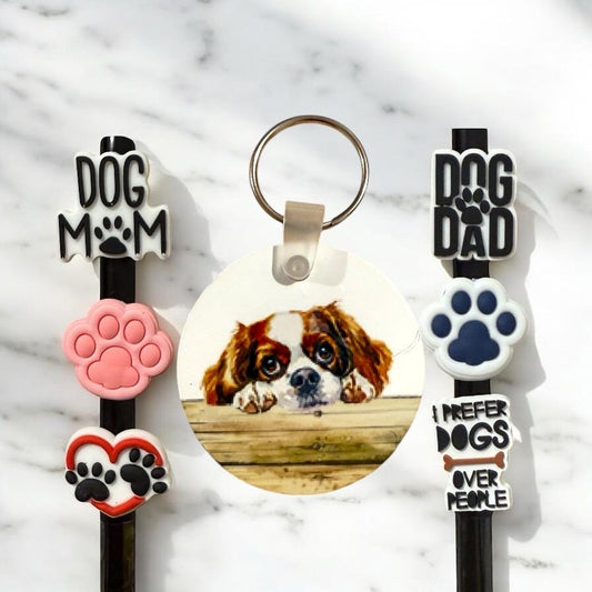 English Toy Spaniel Gift Set: Keychain & Straw Toppers