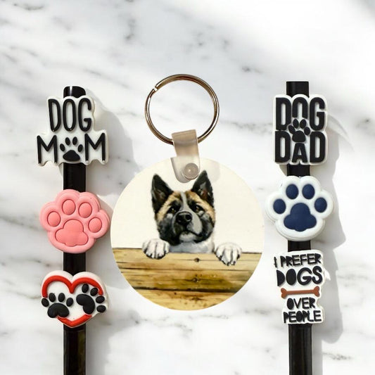 American Akita Gift Set: Keychain & Straw Toppers - Dog Mom/Dad