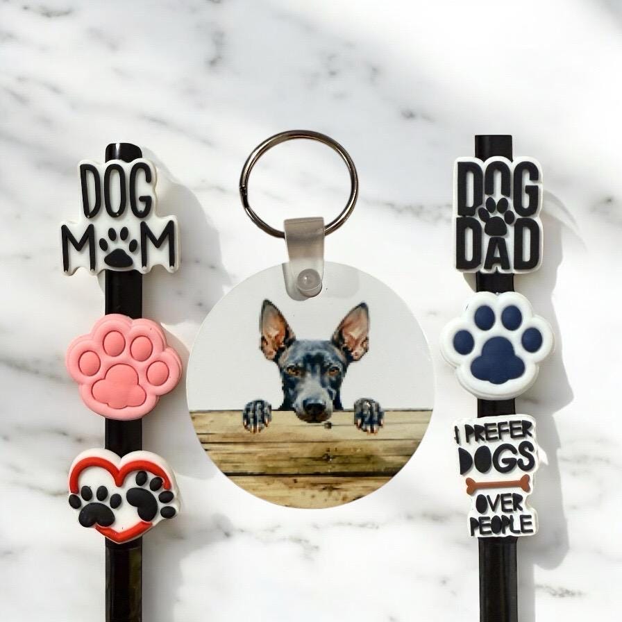 American Hairless Terrier Gift Set: Keychain & Straw Toppers