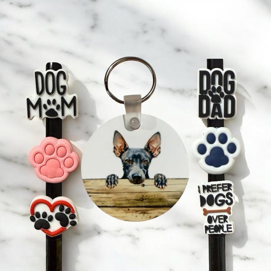 American Hairless Terrier Gift Set: Keychain & Straw Toppers