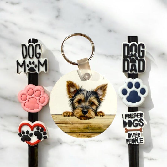 Australian Terrier Dog Gift Set: Keychain & Straw Toppers
