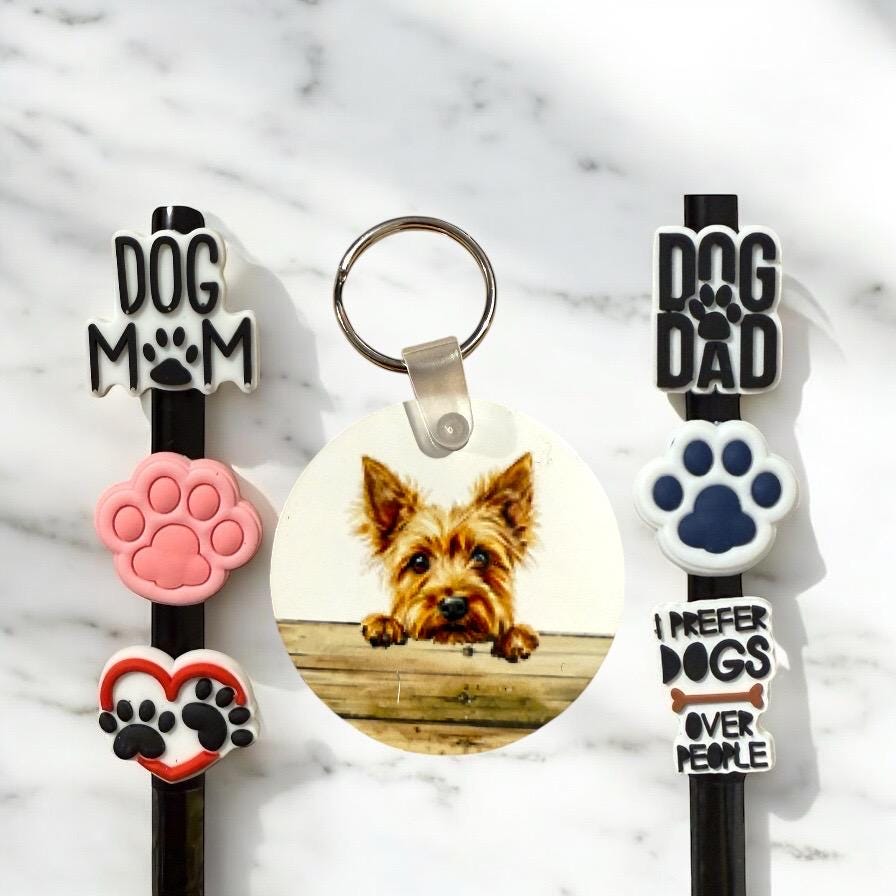 Australian Terrier Dog Gift Set: Keychain & Straw Toppers