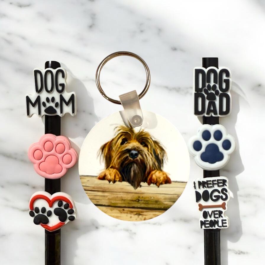 Briard Dog Gift Set: Key Chain & Straw Toppers