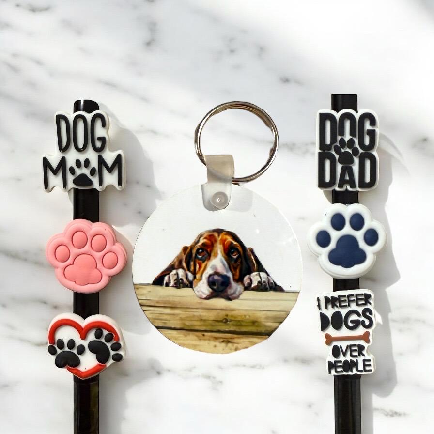 Basset Hound Dog Gift Set: Keychain & Straw Toppers