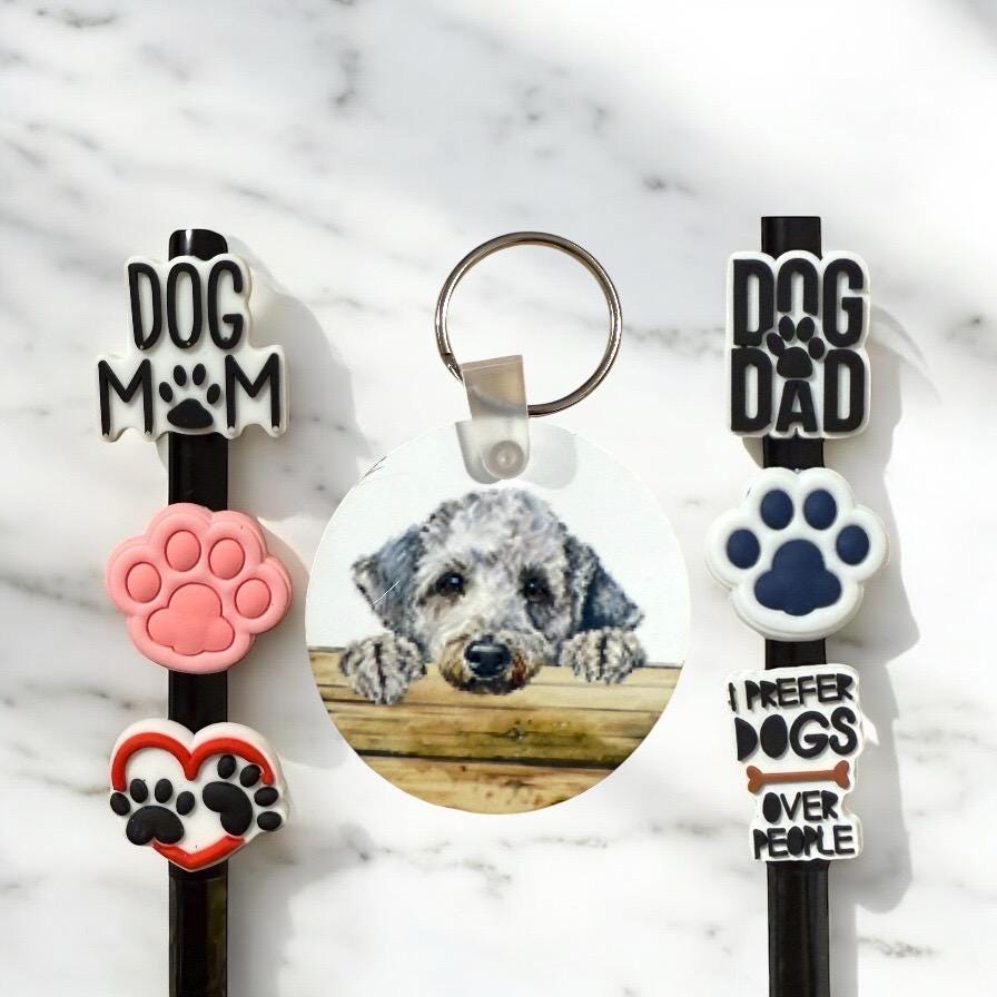 Bedlington Terrier Dog Gift Set: Keychain & Straw Toppers