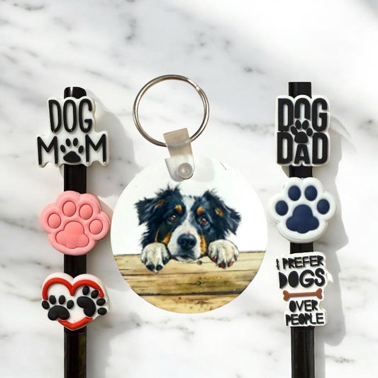 Bernese Mountain Dog Gift Set: Keychain & Straw Toppers
