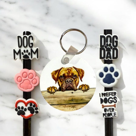 Dogue De Bordeaux Dog Gift Set: Keychain & Straw Toppers