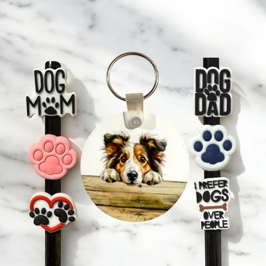 Collie Dog Gift Set: Keychain & Straw Toppers - Dog Mom/Dad