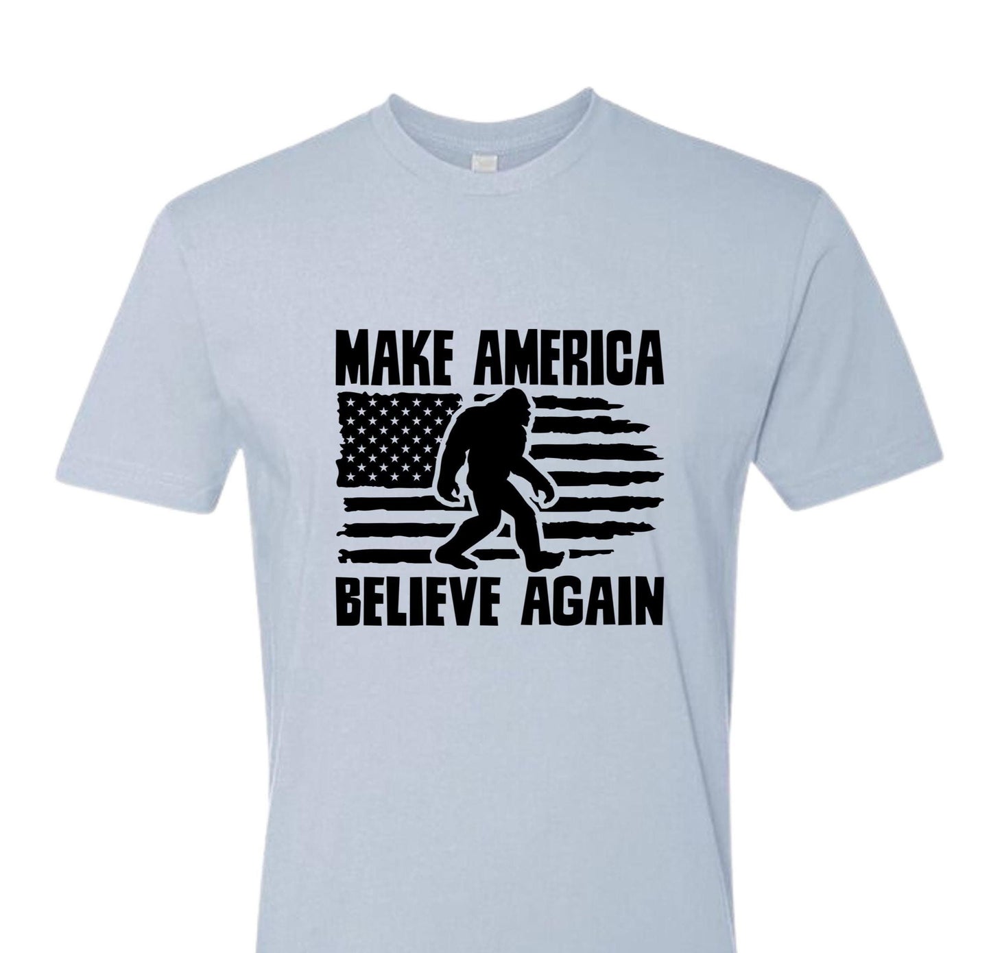 Make America Believe Again Bigfoot T-Shirt: MABA American Flag Tee